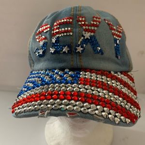 Sequined Denim Hat USA Flag July 4th SEXY Red White Blue Adjustable Strap